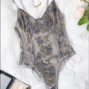 Beautiful Butterfly Embroidered mesh teddy bodysuit